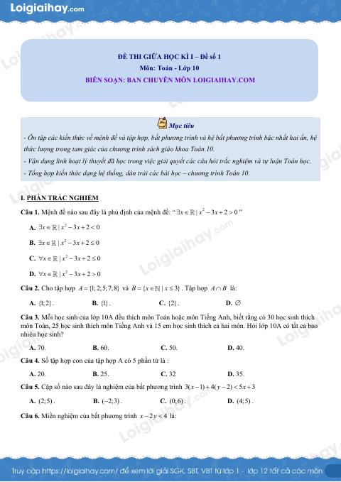 Đề thi giữa kì 1 Toán 10 Chân trời sáng tạo - Đề số 1